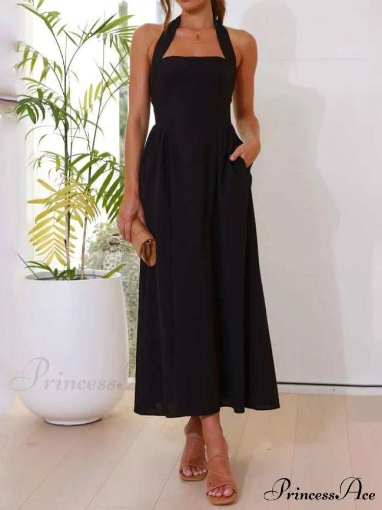 Halter Neck Waist Little Graceful Black Dress Mid Length Dress