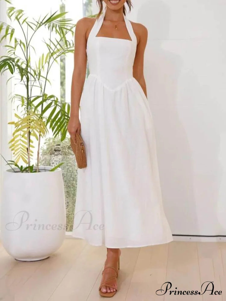 Halter Neck Waist Little Graceful Black Dress Mid Length Dress