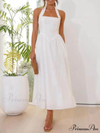 Halter Neck Waist Little Graceful Black Dress Mid Length Dress