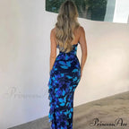 Halter Ruffled Lace-up Bandaged Printed Split Fashionable Midi Dress