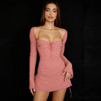 Halter Tie Strap Ruched Cut Classic Out Club Mini Dress - Orange