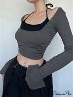 Halter Tie-upOff Shoulder Patchwork Long Sleeve Slim Fit T-shirts