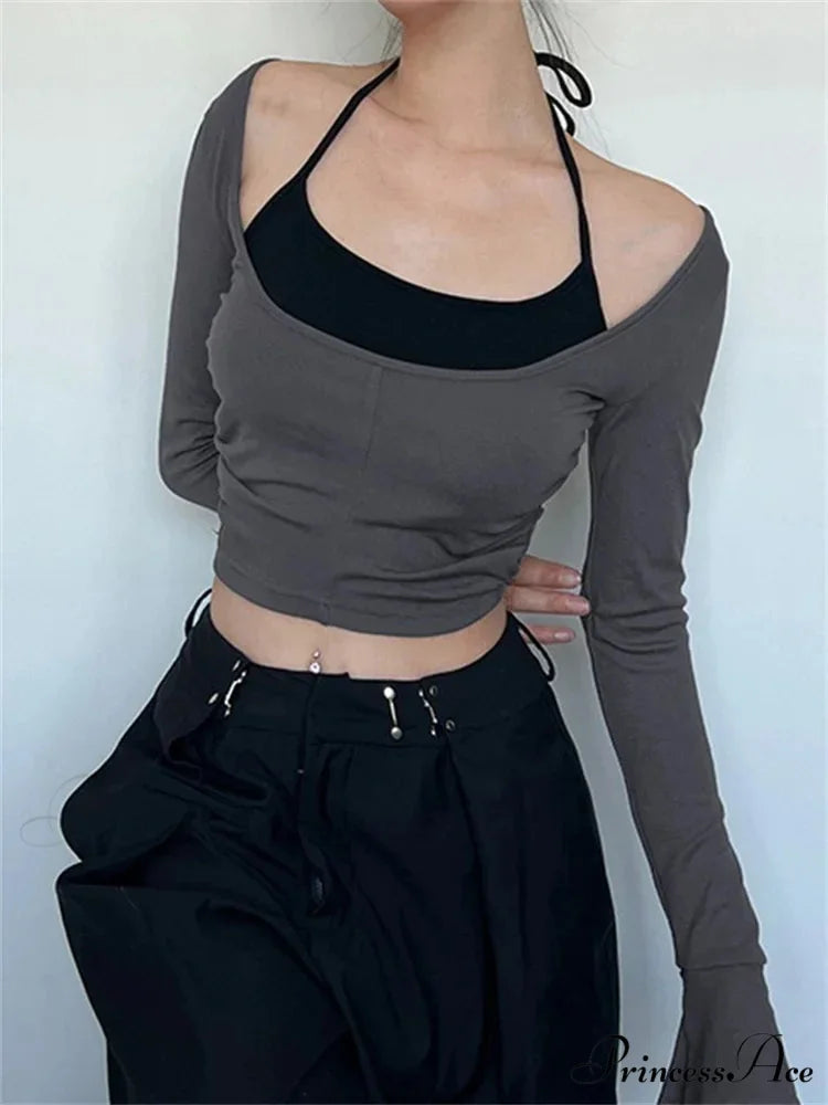 Halter Tie-upOff Shoulder Patchwork Long Sleeve Slim Fit T-shirts