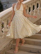 Halterneck Deep V Charming Floral Backless Midi Dress