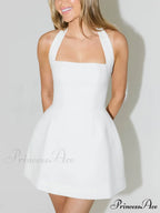 Halterneck Open-Back High-Waisted Charming A-Line Wide-Hem Mini Dress