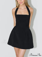 Halterneck Open-Back High-Waisted Charming A-Line Wide-Hem Mini Dress