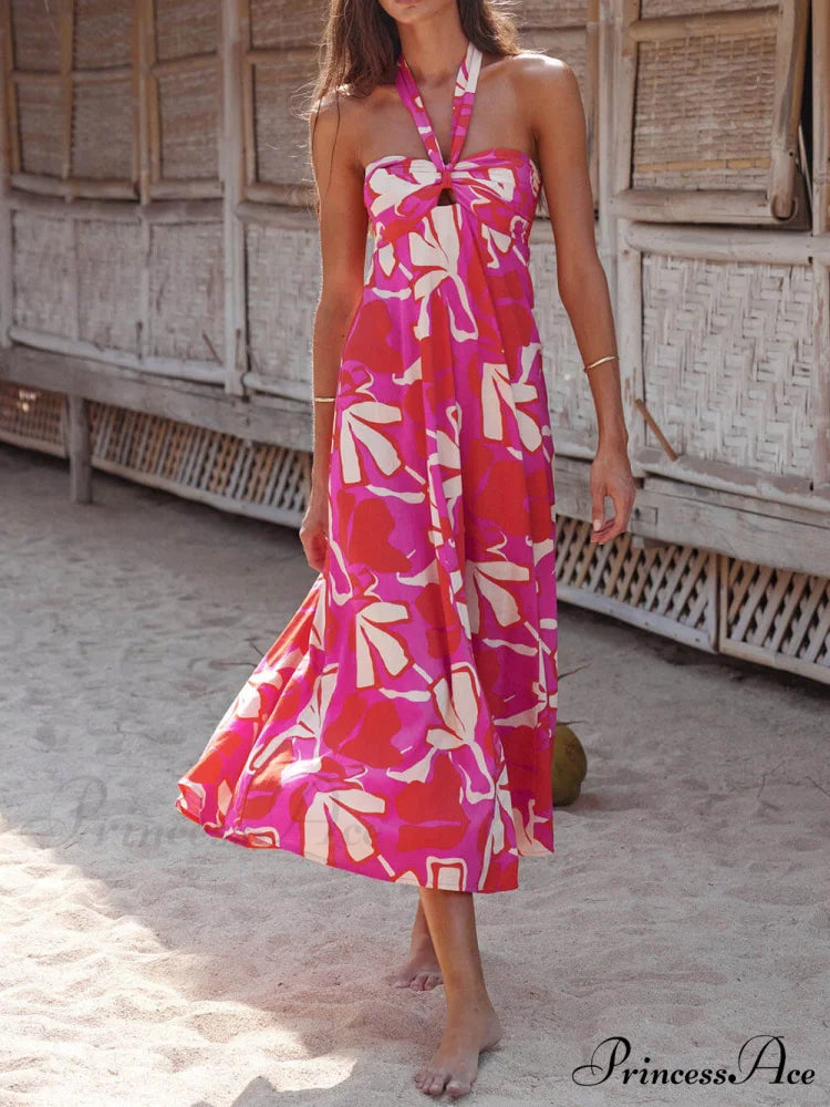 Halterneck Print Berry Charming Lotus Midi dress