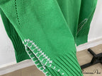 Hand-Woven Loose O-Neck Slit Hem Green Autumn Winter Christmas Sweater