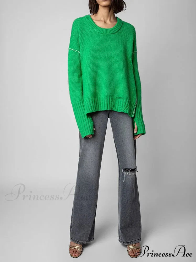 Hand-Woven Loose O-Neck Slit Hem Green Autumn Winter Christmas Sweater
