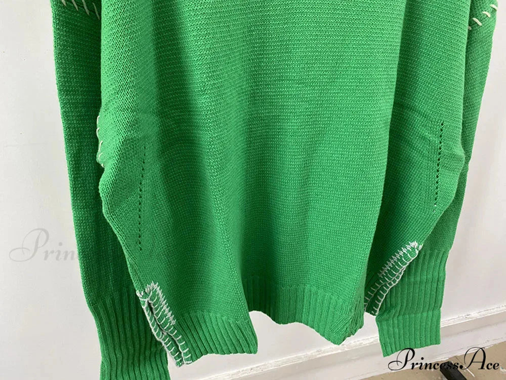 Hand-Woven Loose O-Neck Slit Hem Green Autumn Winter Christmas Sweater