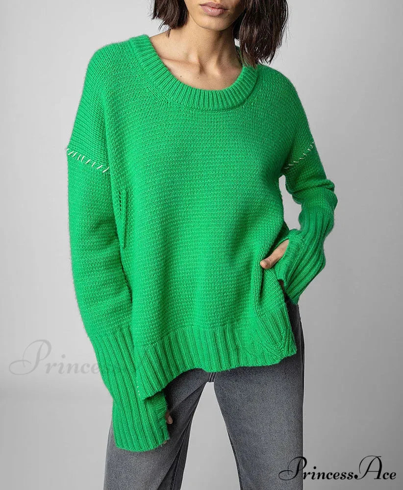 Hand-Woven Loose O-Neck Slit Hem Green Autumn Winter Christmas Sweater