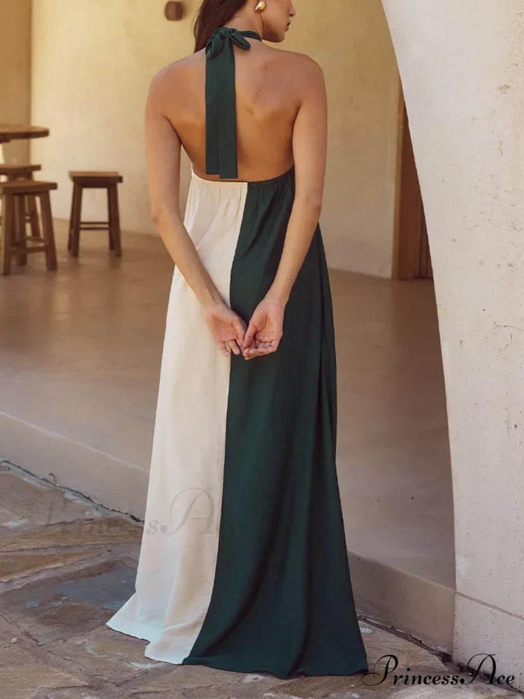 Hanging Neck Bold Contrast Color Trendy Halter Pocketed A-Line Maxi Dress
