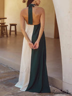 Hanging Neck Bold Contrast Color Trendy Halter Pocketed A-Line Maxi Dress