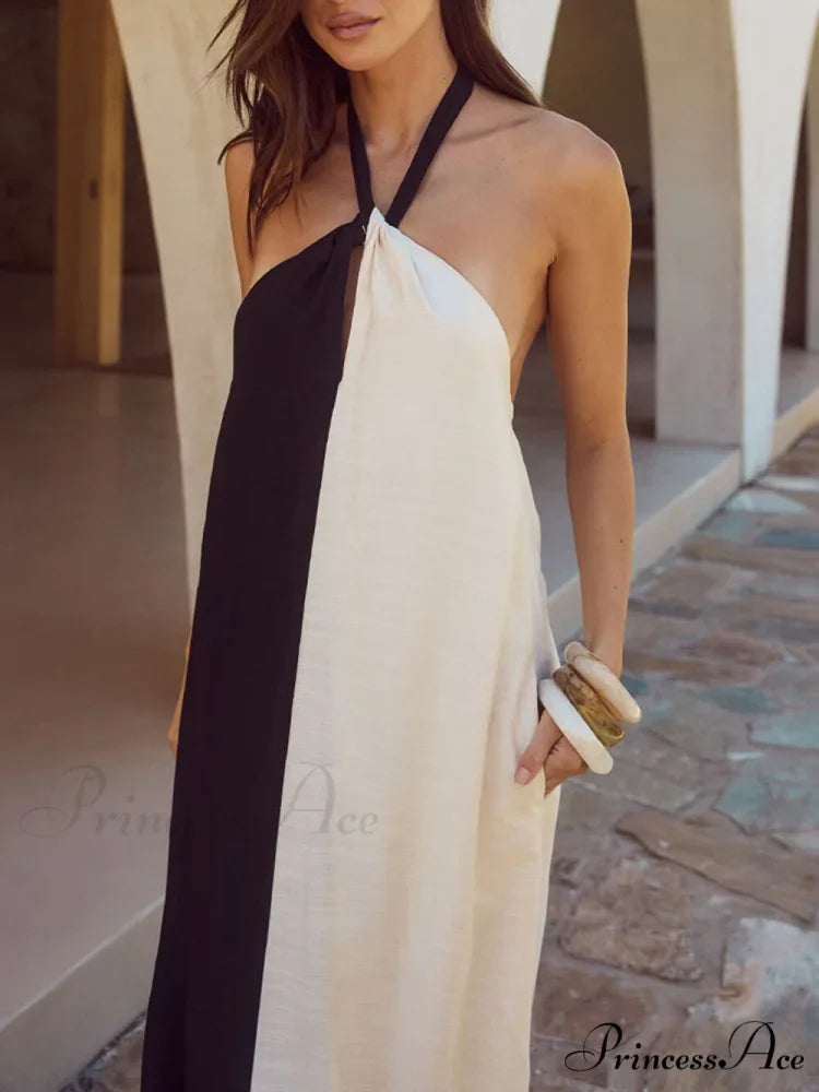 Hanging Neck Bold Contrast Color Trendy Halter Pocketed A-Line Maxi Dress