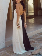 Hanging Neck Bold Contrast Color Trendy Halter Pocketed A-Line Maxi Dress