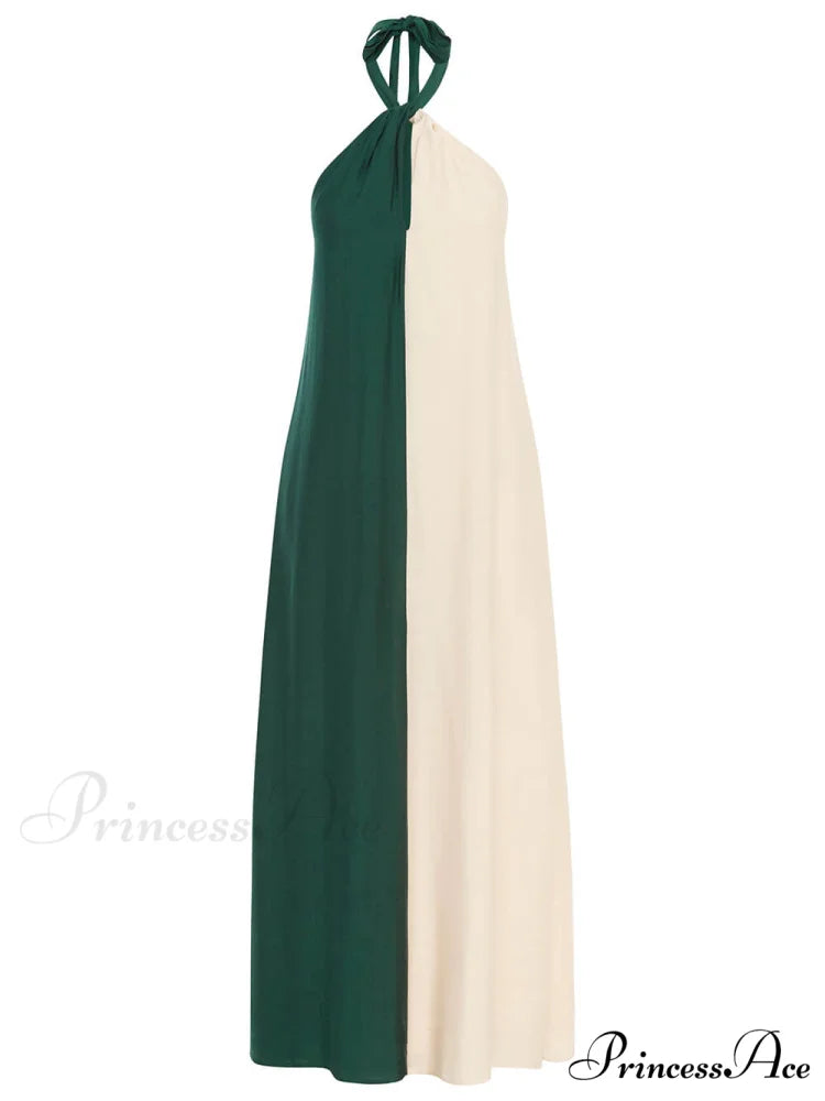 Hanging Neck Bold Contrast Color Trendy Halter Pocketed A-Line Maxi Dress