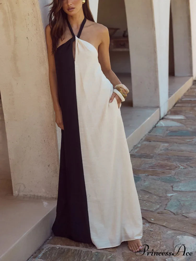 Hanging Neck Bold Contrast Color Trendy Halter Pocketed A-Line Maxi Dress