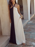 Hanging Neck Bold Contrast Color Trendy Halter Pocketed A-Line Maxi Dress