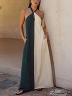 Hanging Neck Bold Contrast Color Trendy Halter Pocketed A-Line Maxi Dress