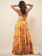 Hanging Neck Printed Floral Graceful Design Backless Straight Maxi Dress