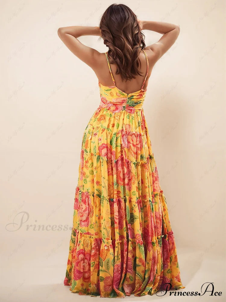Hanging Neck Printed Floral Graceful Design Backless Straight Maxi Dress