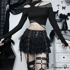 Harajuku Gothic Dark Women CyberY2k E-girl Streetwear Hip Hop Eyelet Ribbons Mesh Patchwork Cake Skirt