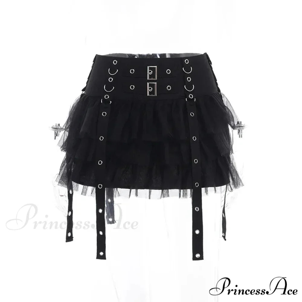 Harajuku Gothic Dark Women CyberY2k E-girl Streetwear Hip Hop Eyelet Ribbons Mesh Patchwork Cake Skirt