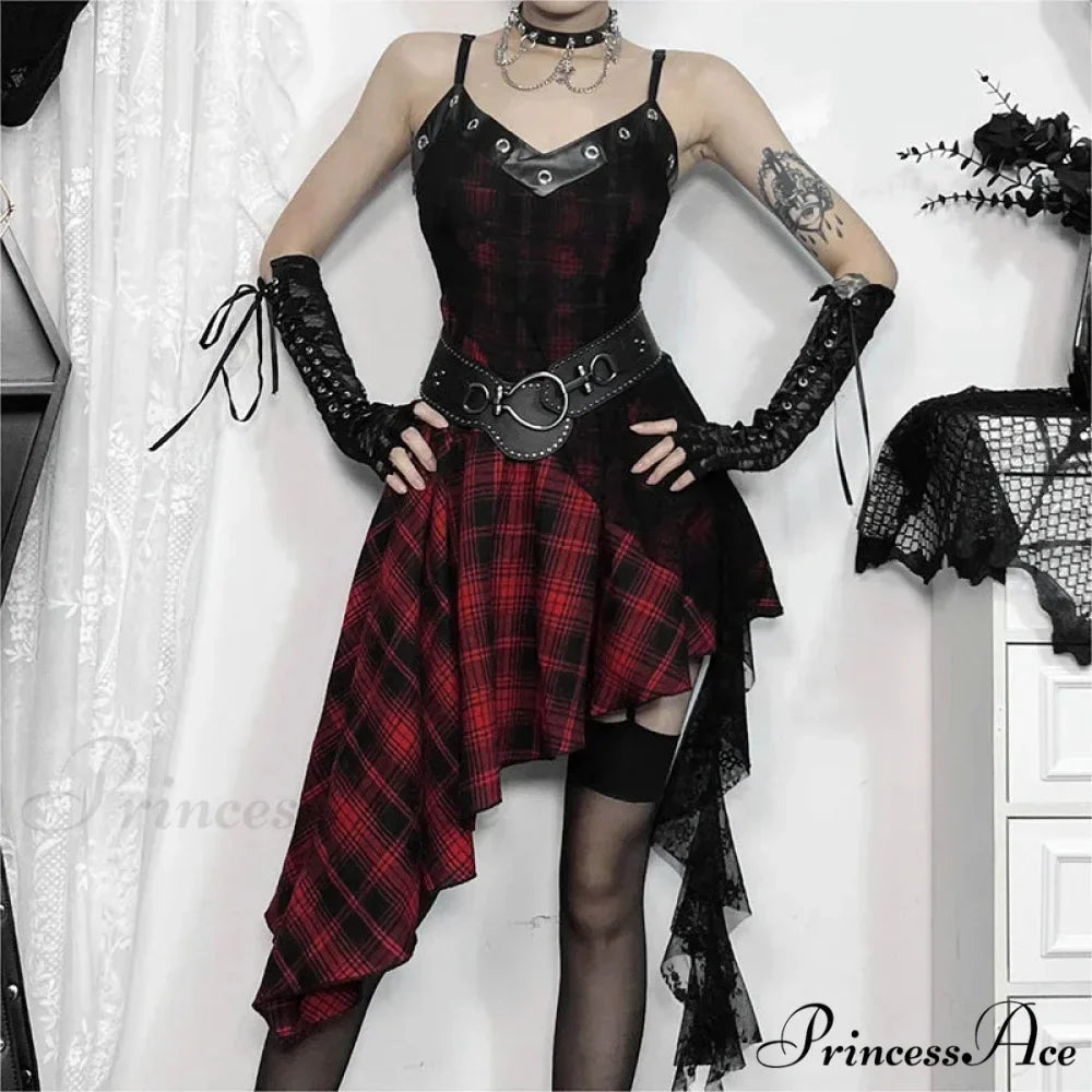 Harajuku Gothic Plaid Y2K 2000s Lace Patchwork Spaghetti Strap Streetwear V-Neck Gothic Dress