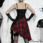 Harajuku Gothic Plaid Y2K 2000s Lace Patchwork Spaghetti Strap Streetwear V-Neck Gothic Dress
