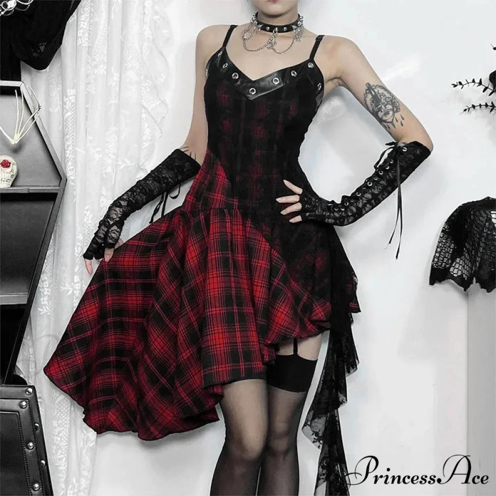 Harajuku Gothic Plaid Y2K 2000s Lace Patchwork Spaghetti Strap Streetwear V-Neck Gothic Dress