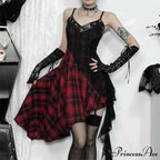 Harajuku Gothic Plaid Y2K 2000s Lace Patchwork Spaghetti Strap Streetwear V-Neck Gothic Dress