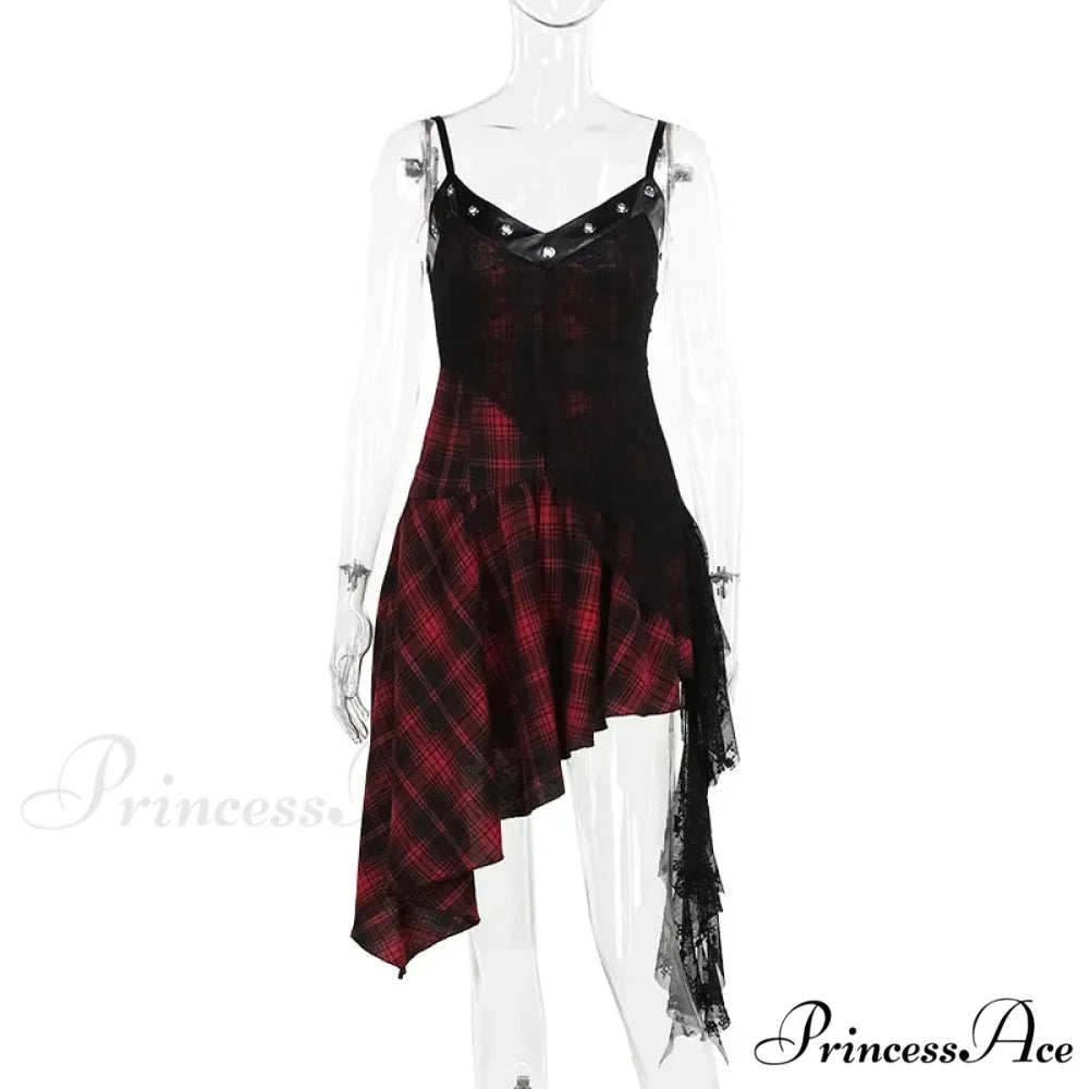 Harajuku Gothic Plaid Y2K 2000s Lace Patchwork Spaghetti Strap Streetwear V-Neck Gothic Dress