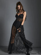 Harajuku Lace Sexy Mesh Black Vintage Transparent See Through Spaghetti Strap Dress