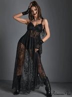 Harajuku Lace Sexy Mesh Black Vintage Transparent See Through Spaghetti Strap Dress