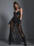 Harajuku Lace Sexy Mesh Black Vintage Transparent See Through Spaghetti Strap Dress