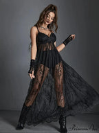 Harajuku Lace Sexy Mesh Black Vintage Transparent See Through Spaghetti Strap Dress