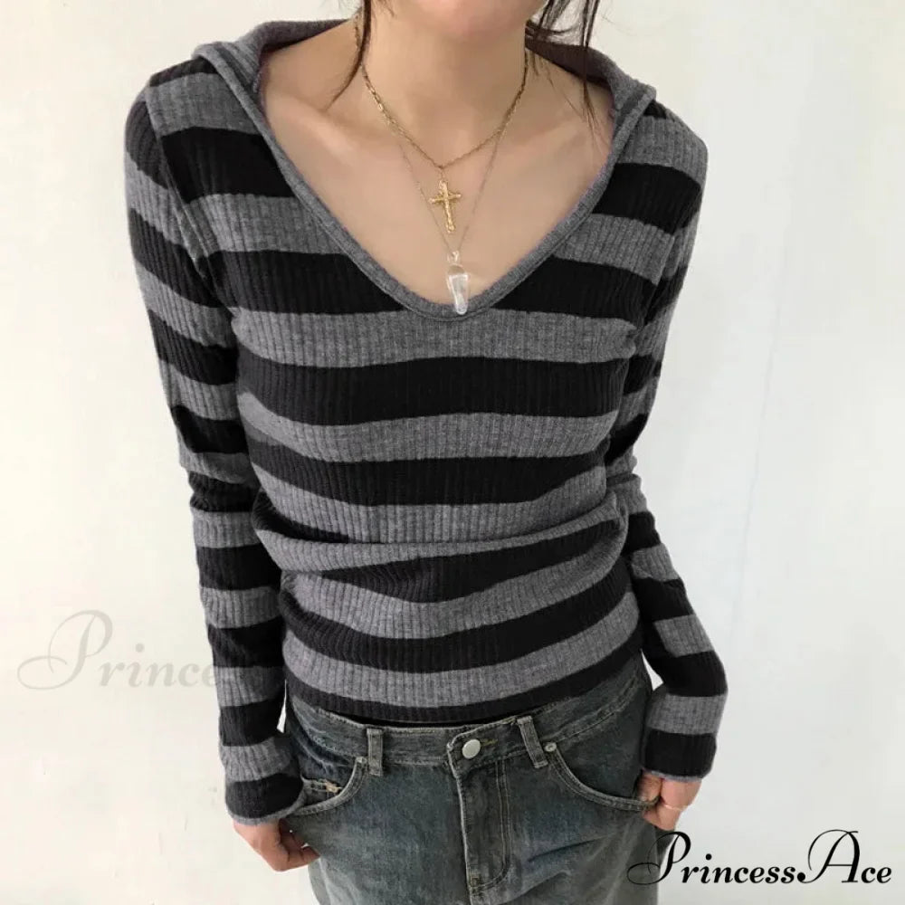 Harajuku Stripe Hooded Slim Contrast Shade Long Sleeve Knit Top