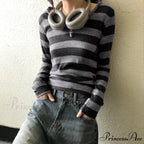 Harajuku Stripe Hooded Slim Contrast Shade Long Sleeve Knit Top