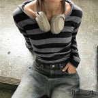 Harajuku Stripe Hooded Slim Contrast Shade Long Sleeve Knit Top