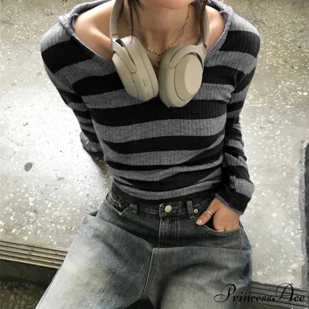 Harajuku Stripe Hooded Slim Contrast Shade Long Sleeve Knit Top