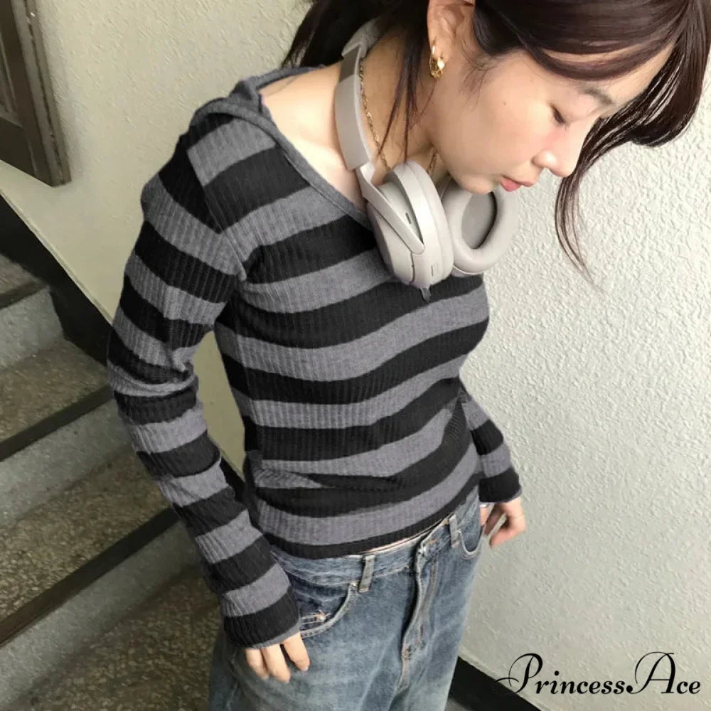 Harajuku Stripe Hooded Slim Contrast Shade Long Sleeve Knit Top