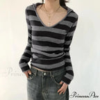Harajuku Stripe Hooded Slim Contrast Shade Long Sleeve Knit Top