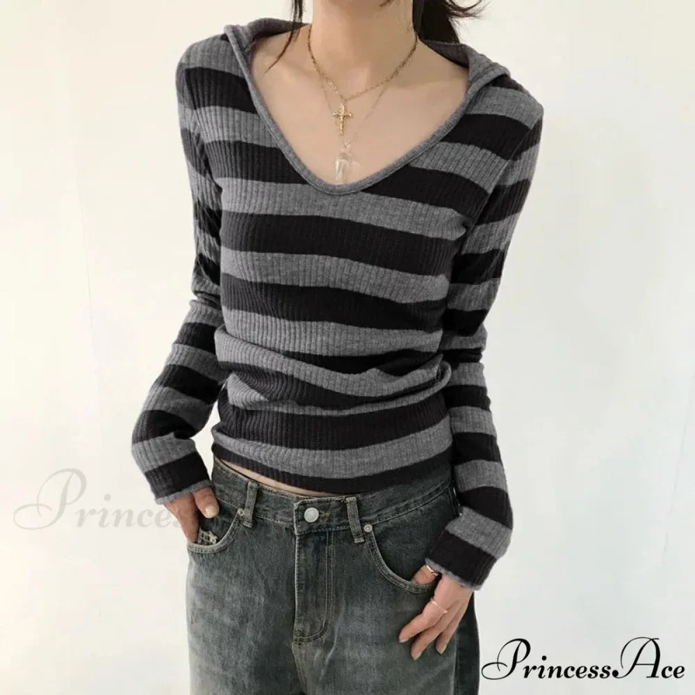 Harajuku Stripe Hooded Slim Contrast Shade Long Sleeve Knit Top