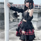 Harajuku Two-dimensional Dark Petticoat Cosplay Red Plaid Stitching High Waist A-line Spice Girl Rock Skirt