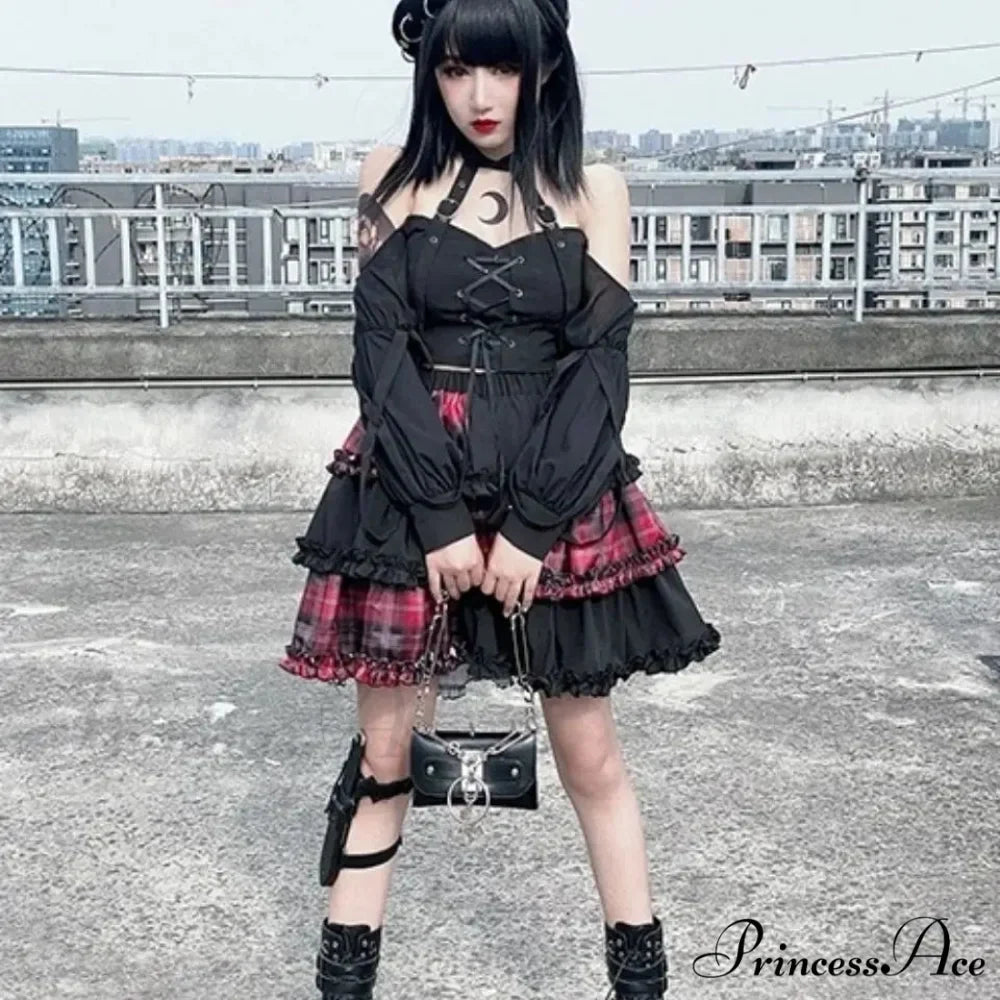 Harajuku Two-dimensional Dark Petticoat Cosplay Red Plaid Stitching High Waist A-line Spice Girl Rock Skirt