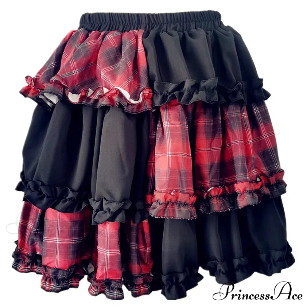 Harajuku Two-dimensional Dark Petticoat Cosplay Red Plaid Stitching High Waist A-line Spice Girl Rock Skirt