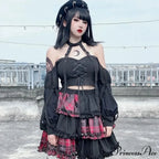 Harajuku Two-dimensional Dark Petticoat Cosplay Red Plaid Stitching High Waist A-line Spice Girl Rock Skirt