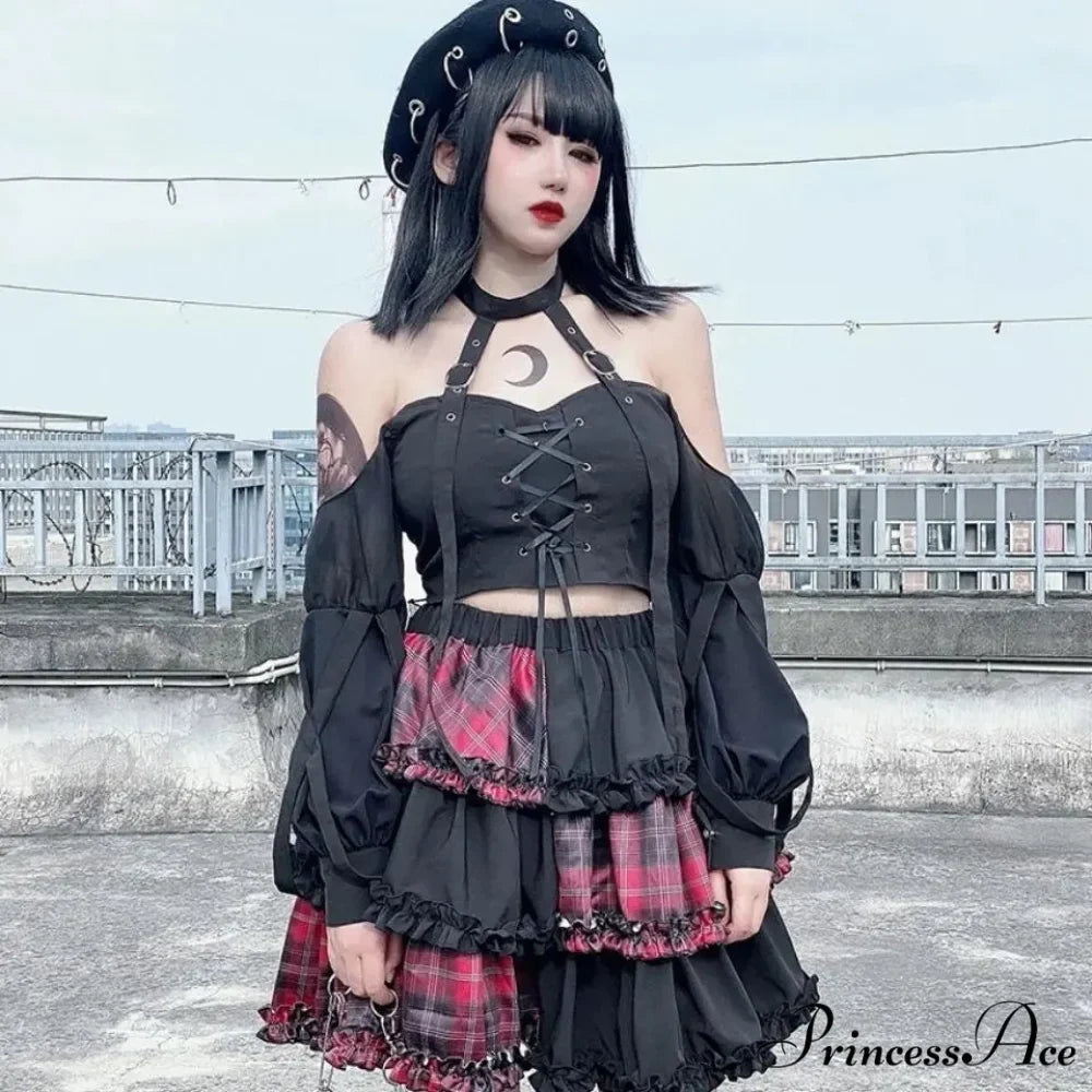 Harajuku Two-dimensional Dark Petticoat Cosplay Red Plaid Stitching High Waist A-line Spice Girl Rock Skirt
