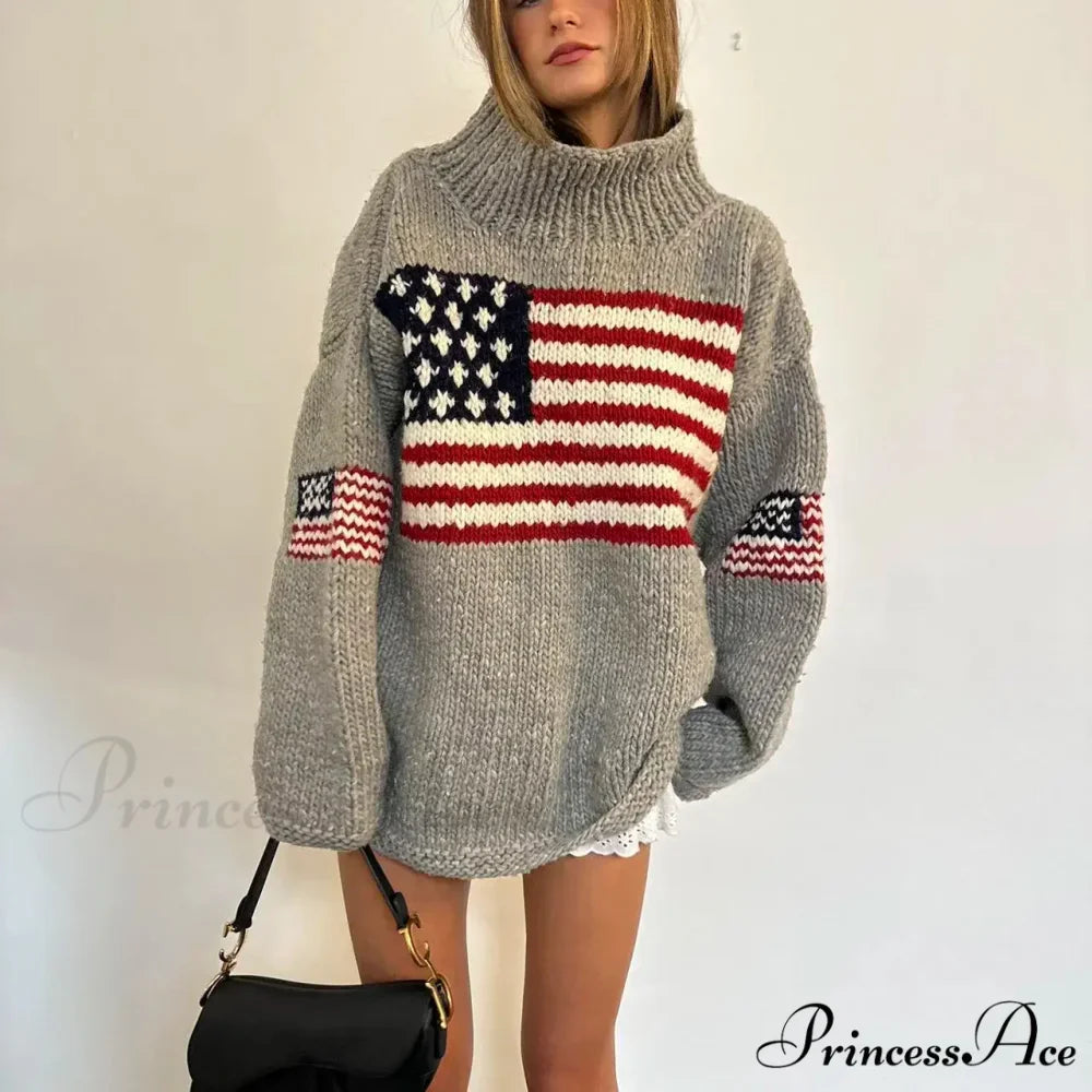 Harajuku Vintage  US Flag  Tall Neck Sweater