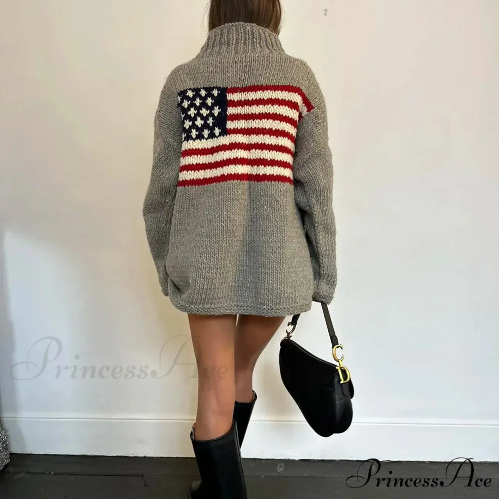 Harajuku Vintage  US Flag  Tall Neck Sweater